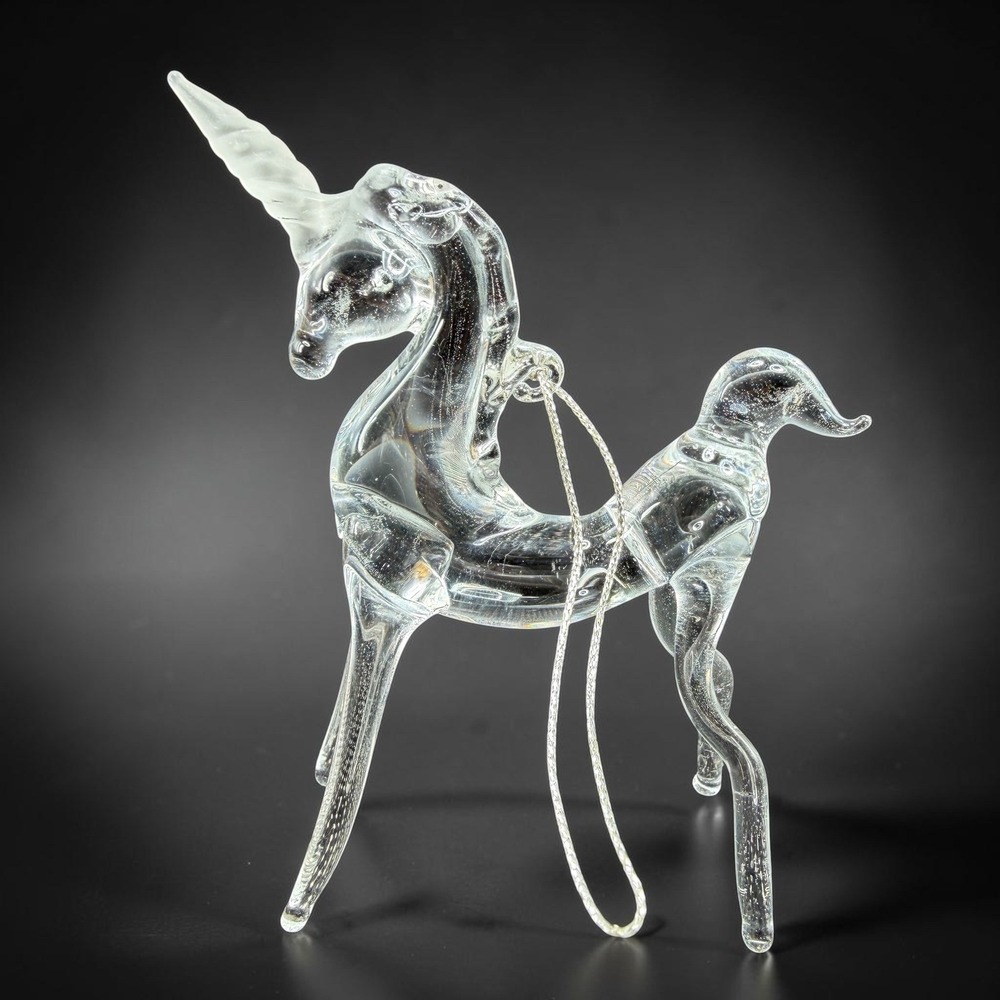 Silvestri Hand Blown Glass Unicorn Christmas Ornament Clear Frosted Horn 4 Inch